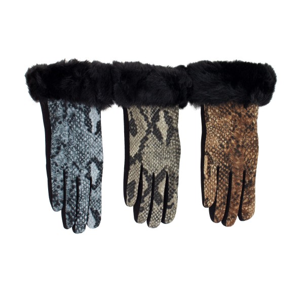 Black Fur Cuff Snakeskin Print Gloves G20621620 Single Pair